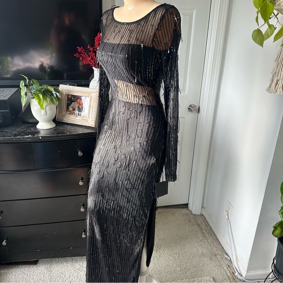 LULU’S SHEER FASCINATION SHEER MESH SEQUIN FRINGE MAXI DRESS - Picture 8 of 16